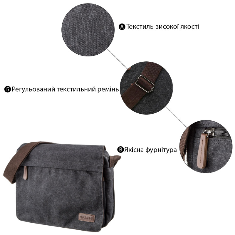 Сумка почтальонка текстильная Vintage Черная