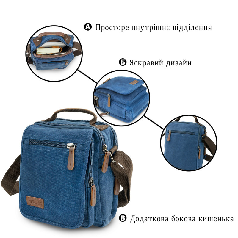 Универсальная текстильная мужская сумка на два отделения Vintage Синяя