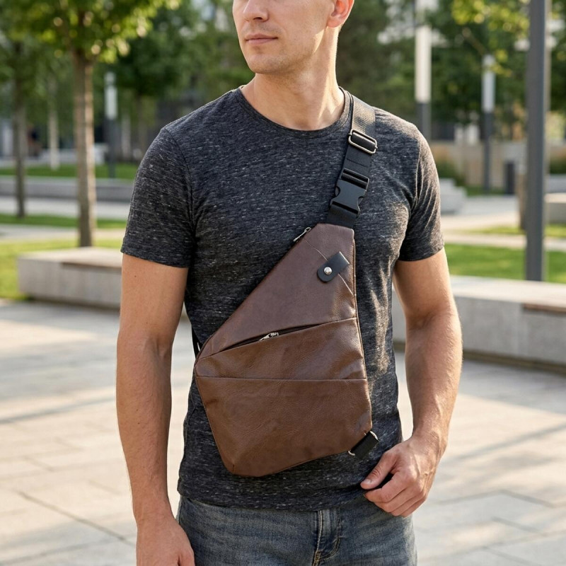 Чоловіча сумка слінг з екошкіри для документів та міста Vintage Темно Коричнева