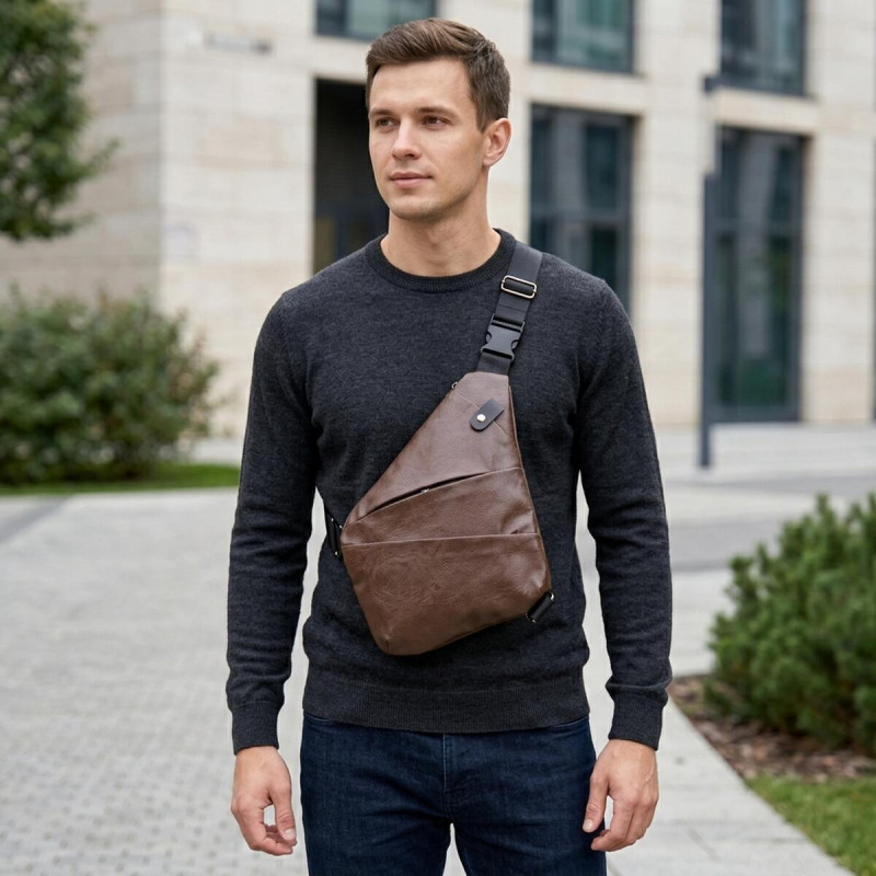Чоловіча сумка слінг з екошкіри для документів та міста Vintage Темно Коричнева