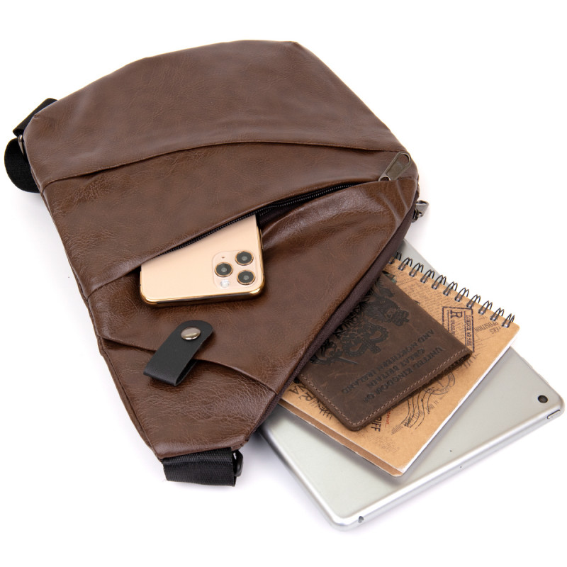 Чоловіча сумка слінг з екошкіри для документів та міста Vintage Темно Коричнева