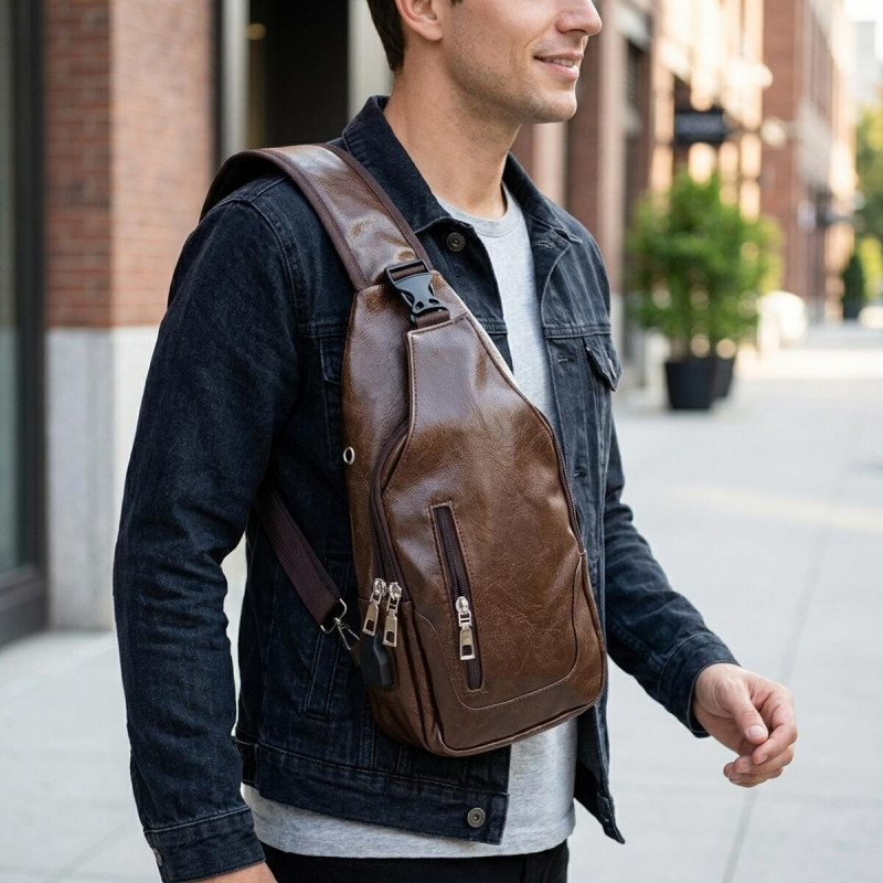 Чоловіча сумка через плече з екошкіри для документів та міста Vintage Темно Коричнева