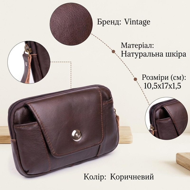 Горизонтальна барсетка на ремінь брюк шкіряна Vintage Коричнева