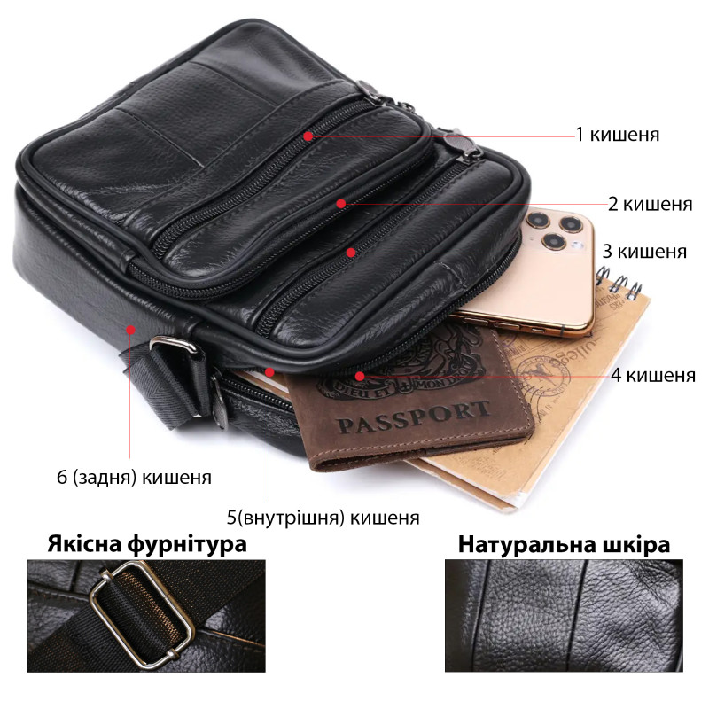 Кожаная небольшая мужская сумка Vintage Черный