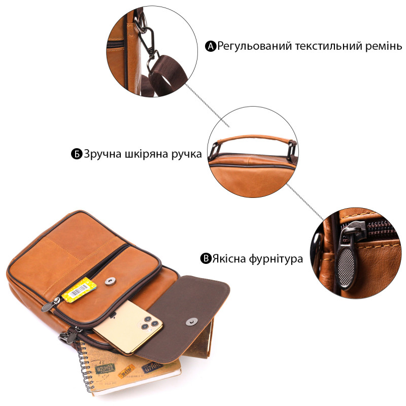 Зручна чоловіча сумка з ручкою шкіряна Vintage Руда