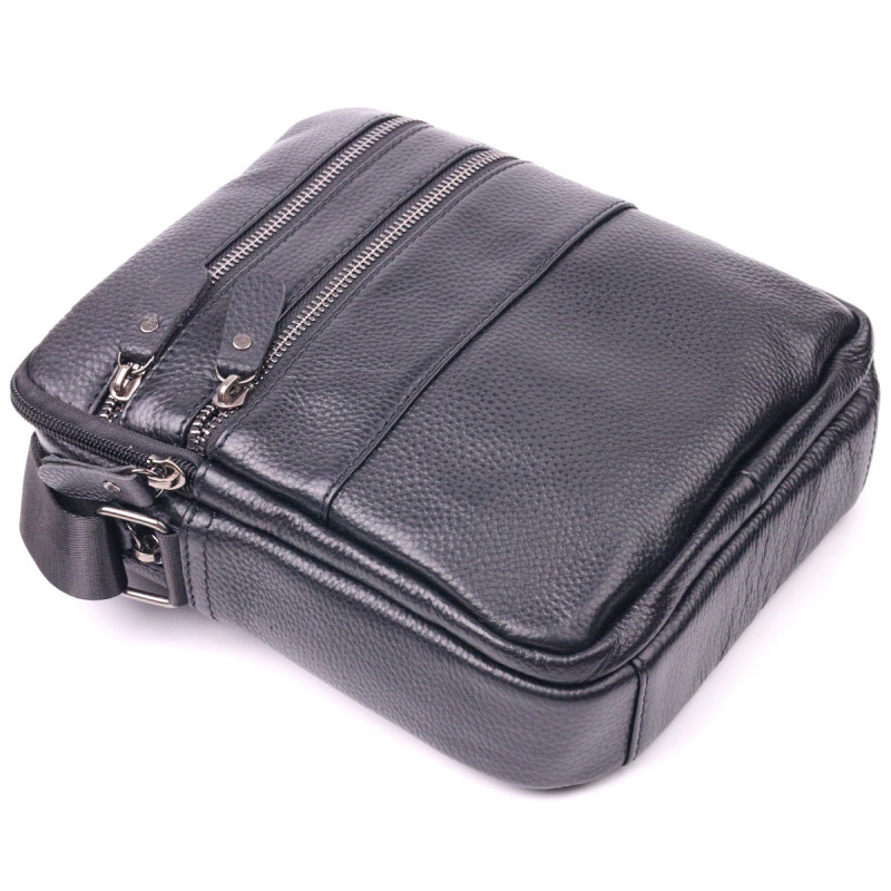 Стильна чоловіча сумка з натуральної зернистої шкіри Vintage Чорна