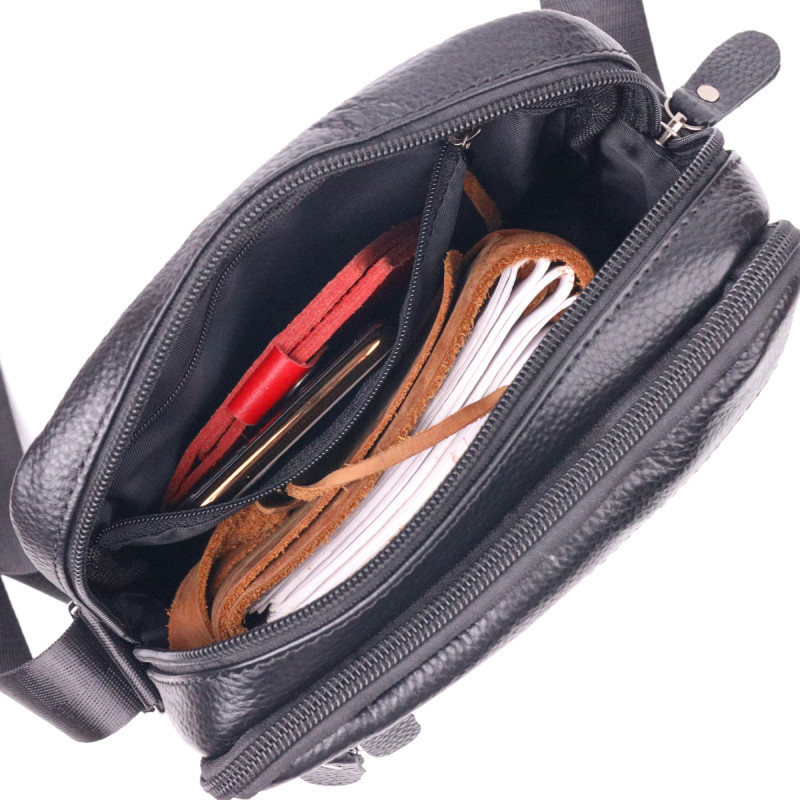 Стильна чоловіча сумка з натуральної зернистої шкіри Vintage Чорна