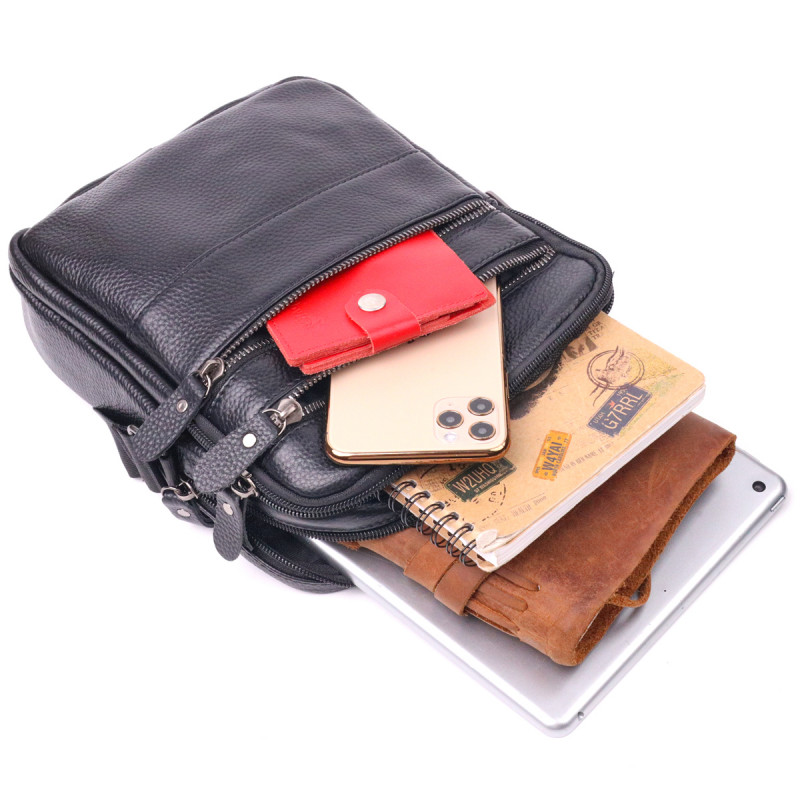 Стильна чоловіча сумка з натуральної зернистої шкіри Vintage Чорна