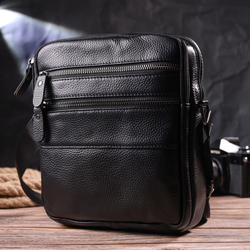 Стильна чоловіча сумка з натуральної зернистої шкіри Vintage Чорна