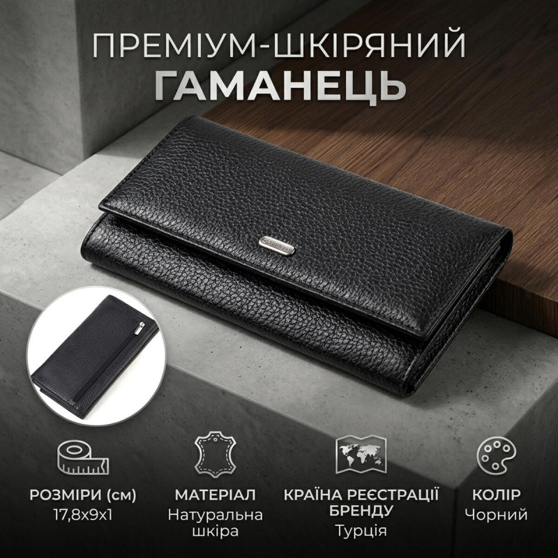 Жіночий шкіряний гаманець для карток купюр та монет CANPELLINI Чорний