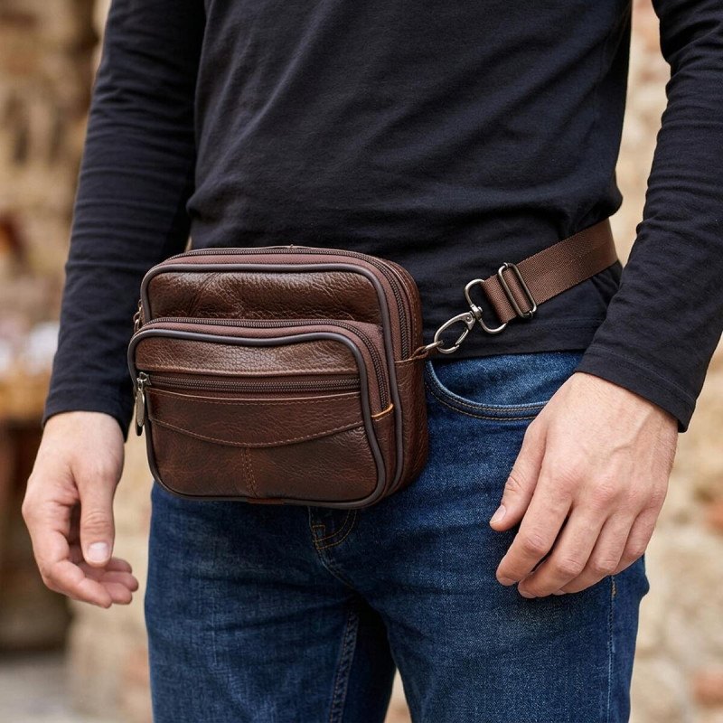 Мужская горизонтальная поясная сумка из натуральной кожи Vintage Коричневая