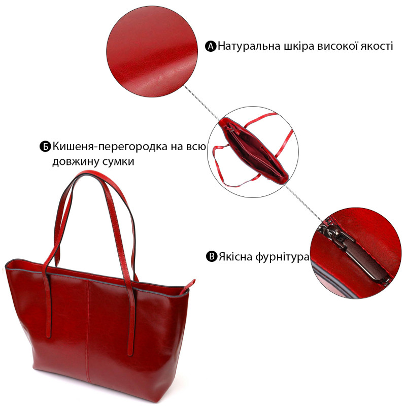 Вместительная сумка шоппер из натуральной кожи Vintage Бордовая