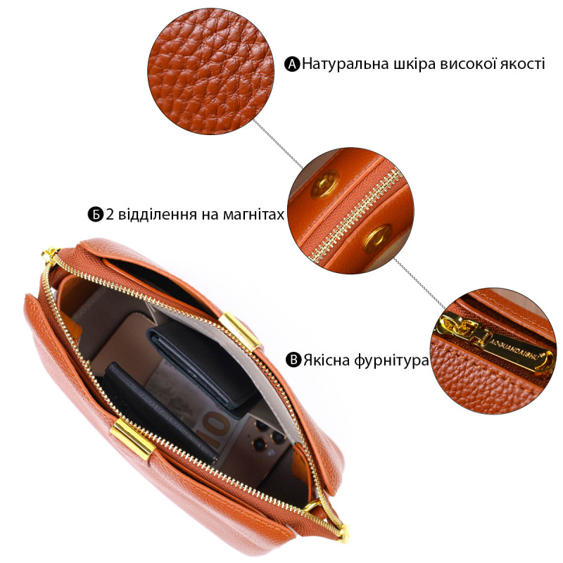 Стильная женская сумка на три отделения из натуральной кожи Vintage Рыжая