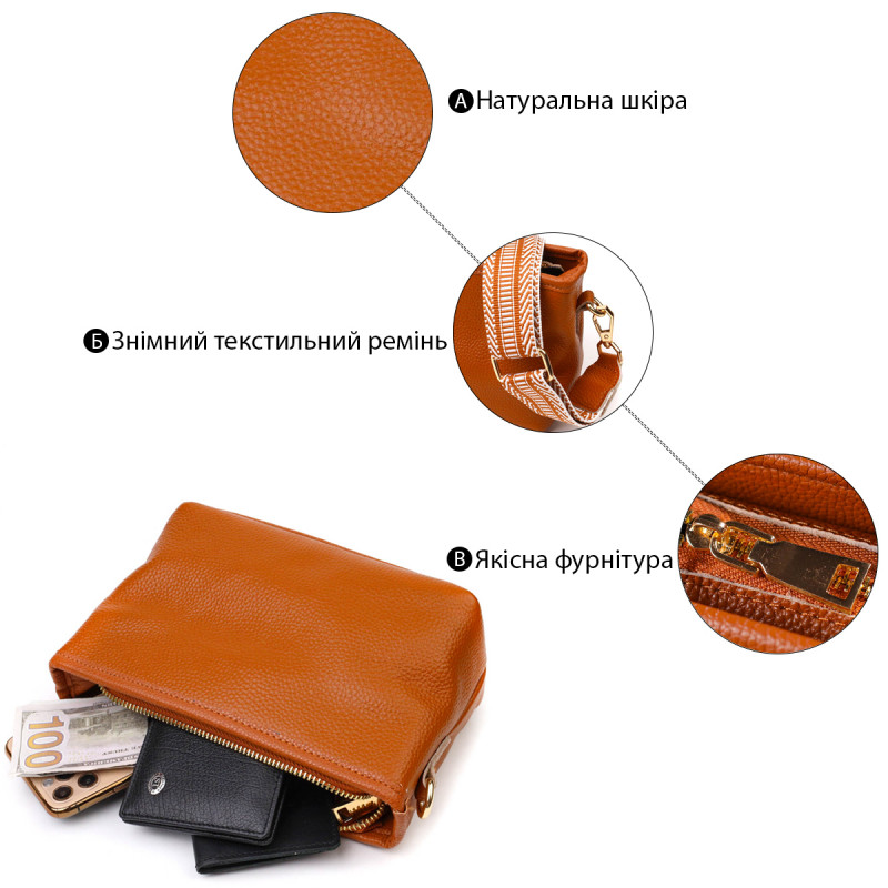 Красивая небольшая сумка на плечо из натуральной кожи Vintage Рыжая