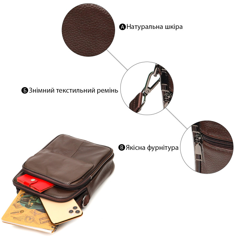 Стильний чоловічий месенджер з натуральної шкіри Vintage Коричневий