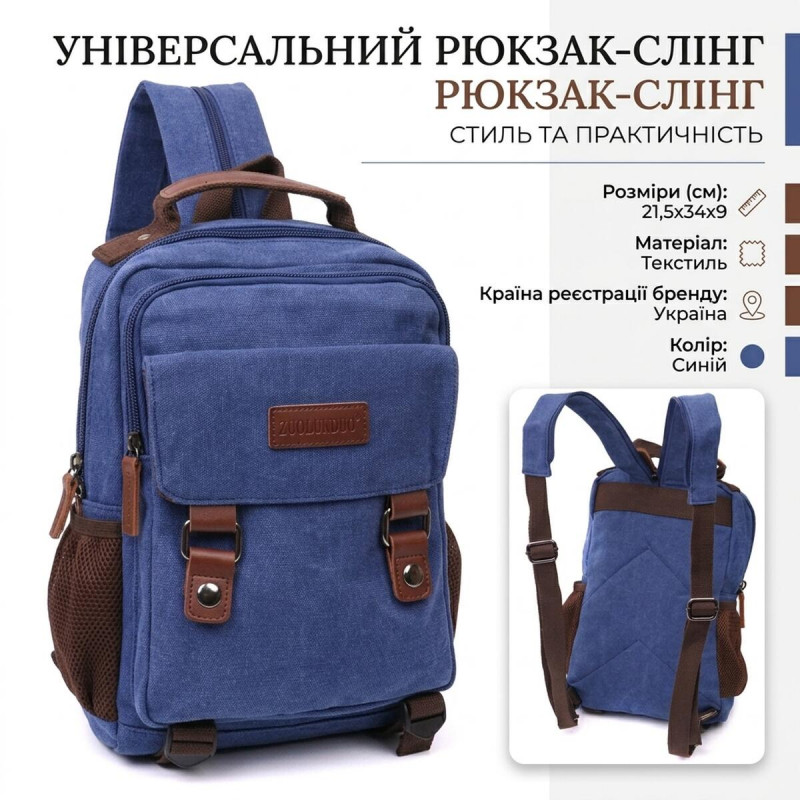 Текстильний рюкзак для роботи навчання міста та планшета Vintage Синій