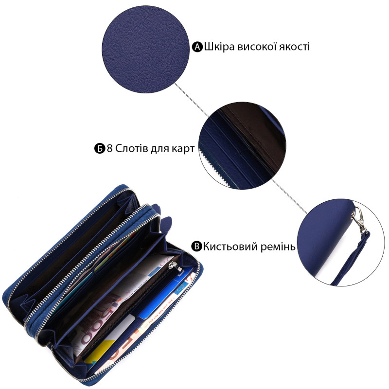 Вместительный женский кошелек-клатч с двумя отделениями на молниях ST Leather Синий