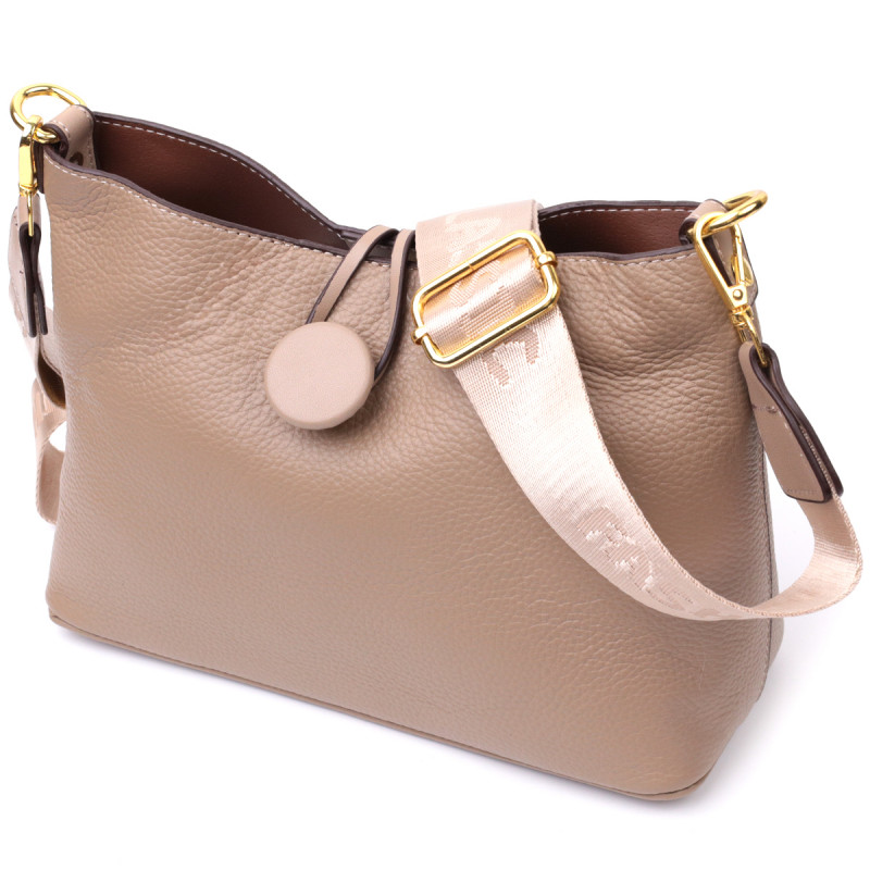 Сумка женская с оригинальной застежкой пуговкой из натуральной кожи Vintage Бежевая