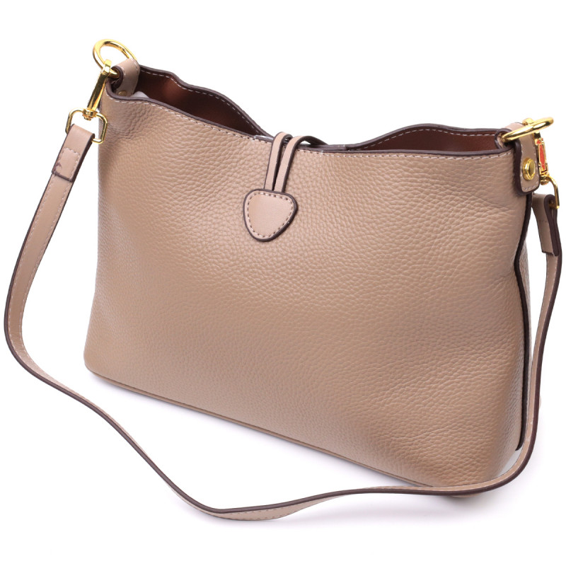 Сумка женская с оригинальной застежкой пуговкой из натуральной кожи Vintage Бежевая