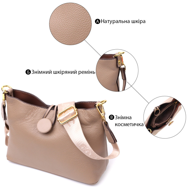 Сумка женская с оригинальной застежкой пуговкой из натуральной кожи Vintage Бежевая