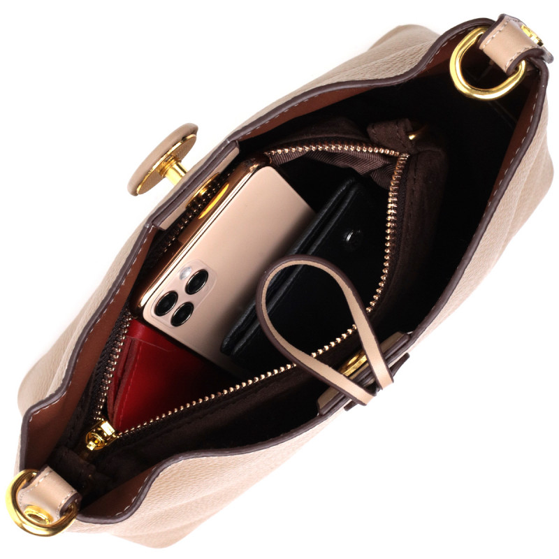 Сумка женская с оригинальной застежкой пуговкой из натуральной кожи Vintage Бежевая