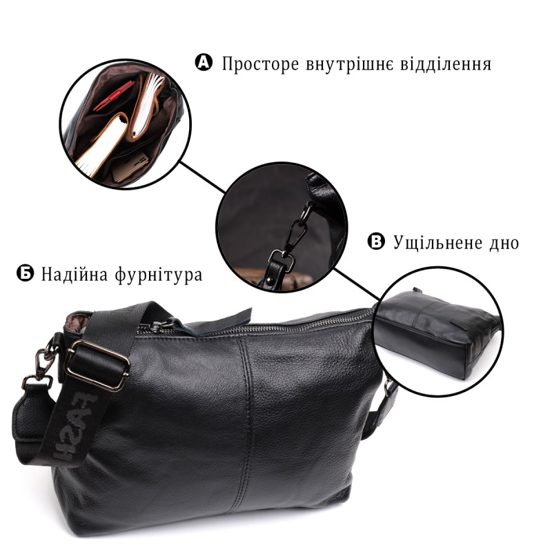 Повсякденна шкіряна сумка з двома знімними ременями Vintage Чорна