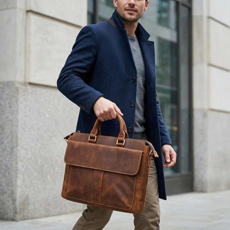 Чоловічий шкіряний портфель для документів ноутбука та роботи Vintage Коричневий
