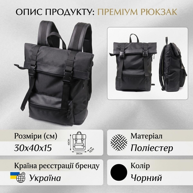 Текстильний рюкзак для ноутбука роботи навчання та міста FABRA Чорний