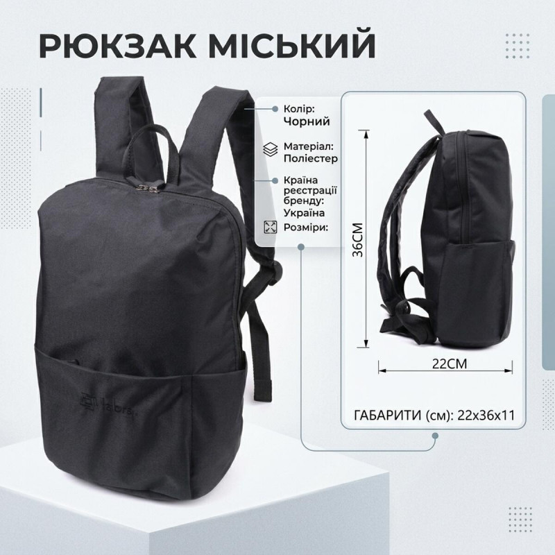 Текстильний рюкзак для міста роботи та щоденного використання FABRA Чорний