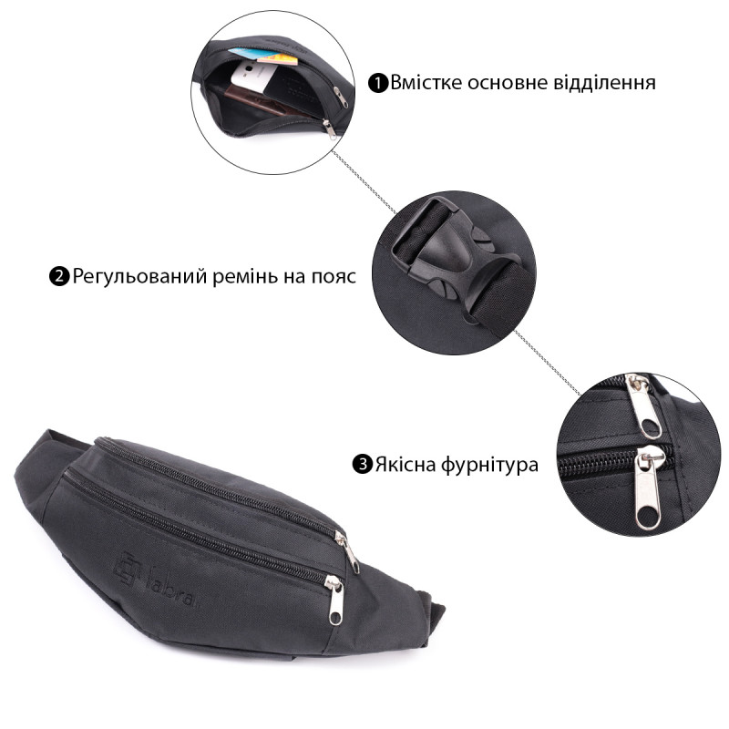 Текстильная поясная сумка для города поездок и повседневного использования FABRA Черная
