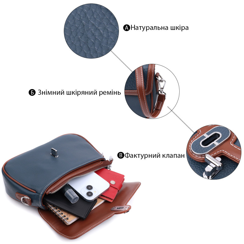 Сумка женская с фактурным клапаном из натуральной кожи Vintage Синяя