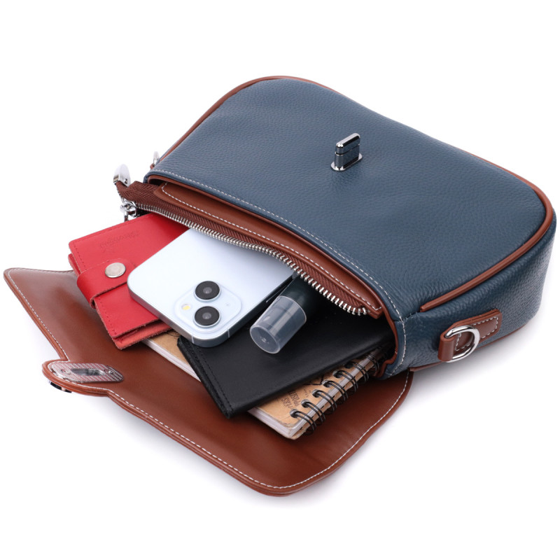 Сумка женская с фактурным клапаном из натуральной кожи Vintage Синяя