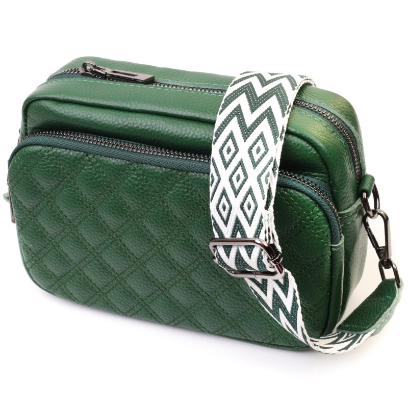 Невелика жіноча сумка прошита ромбами на лицьовій стороні з натуральної шкіри Vintage Зелена