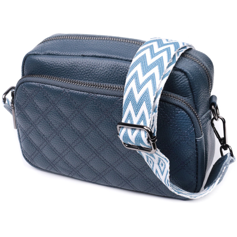 Стильная женская сумка прошитая ромбами на лицевой стороне из натуральной кожи Vintage Синяя