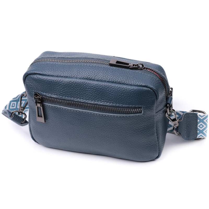 Стильная женская сумка прошитая ромбами на лицевой стороне из натуральной кожи Vintage Синяя