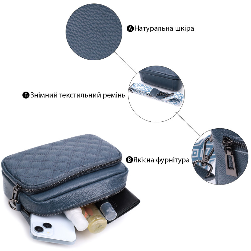 Стильная женская сумка прошитая ромбами на лицевой стороне из натуральной кожи Vintage Синяя