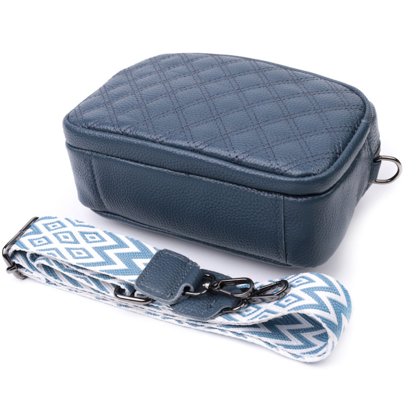 Стильная женская сумка прошитая ромбами на лицевой стороне из натуральной кожи Vintage Синяя