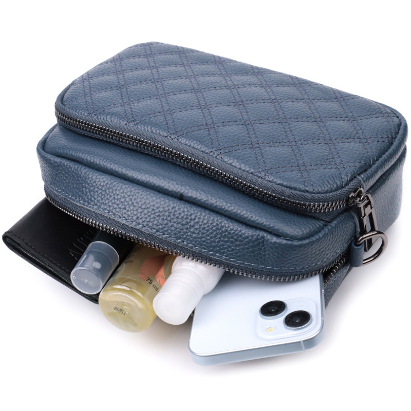 Стильная женская сумка прошитая ромбами на лицевой стороне из натуральной кожи Vintage Синяя