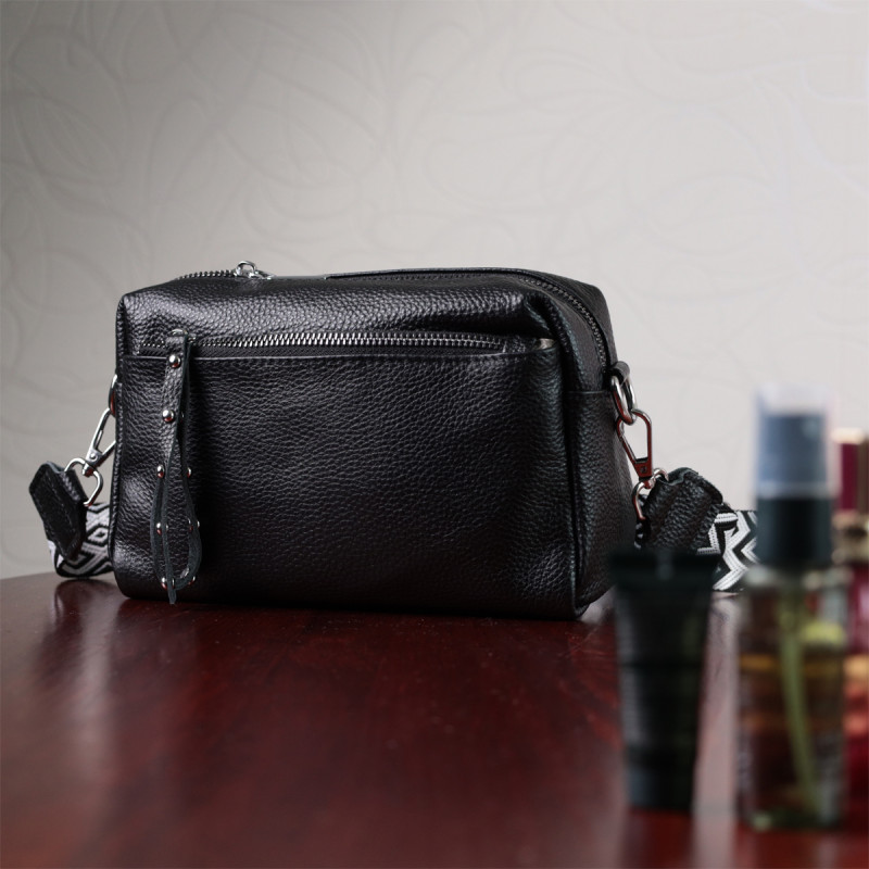 Практична жіноча шкіряна сумка зі стильним бігунком Vintage Чорна