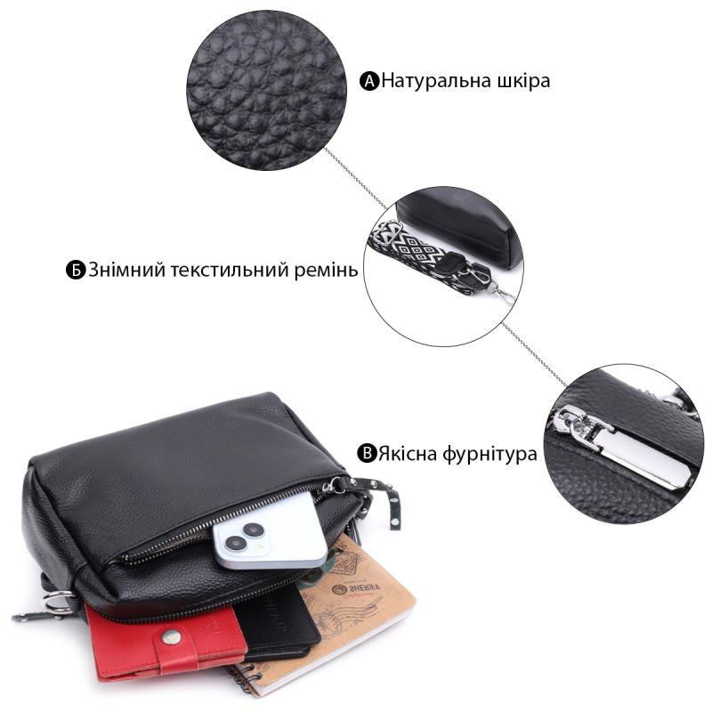 Практична жіноча шкіряна сумка зі стильним бігунком Vintage Чорна