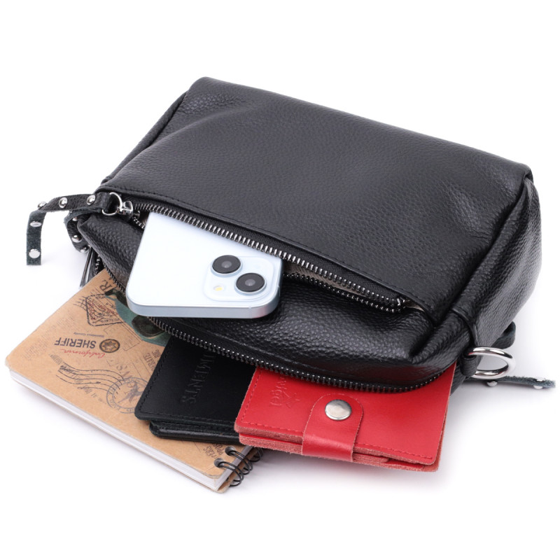 Практична жіноча шкіряна сумка зі стильним бігунком Vintage Чорна