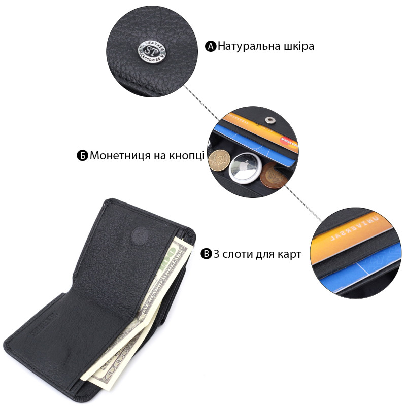 Компактный женский кошелек с карманом для монет из натуральной кожи ST Leather Черный