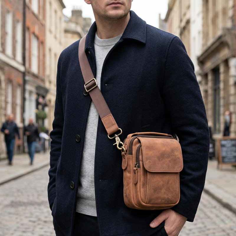 Компактна шкіряна сумка для чоловіків Vintage Коричнева