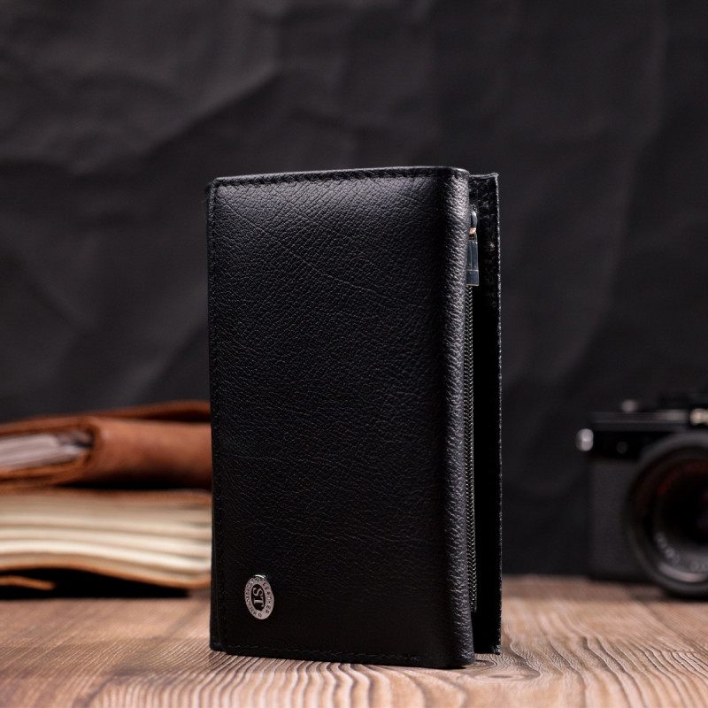 Удобный женский кошелек в три сложения из натуральной кожи ST Leather Черный
