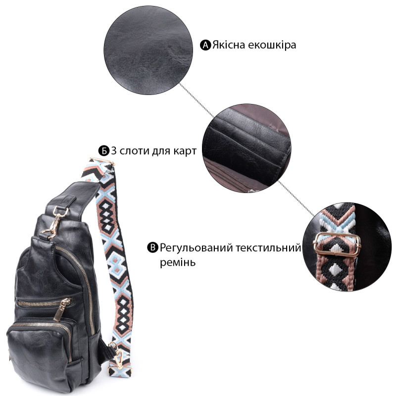 Практична жіноча слінг сумка через плече з екошкіри Vintage Чорний