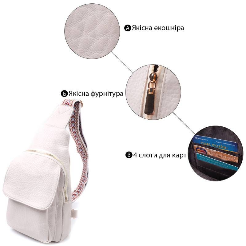 Популярна жіноча сумка з однією лямкою через плече з великозернистої екошкіри Vintage Молочний