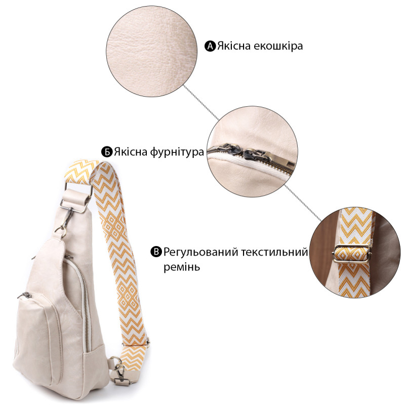 Стильная женская сумка из экокожи с акцентом на текстильную лямку Vintage Белый