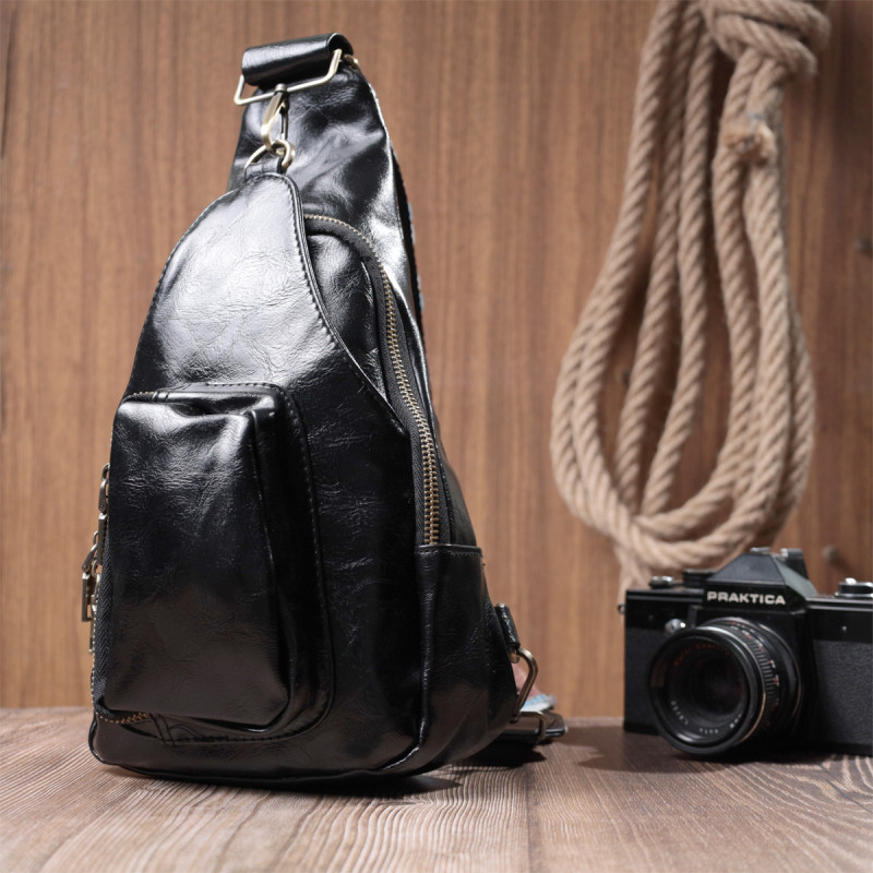 Практичная женская сумка из экокожи с акцентом на текстильную лямку Vintage Черный