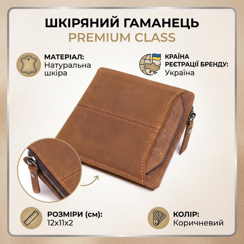 Чоловічий шкіряний гаманець для карток купюр та монет Vintage Коричневий