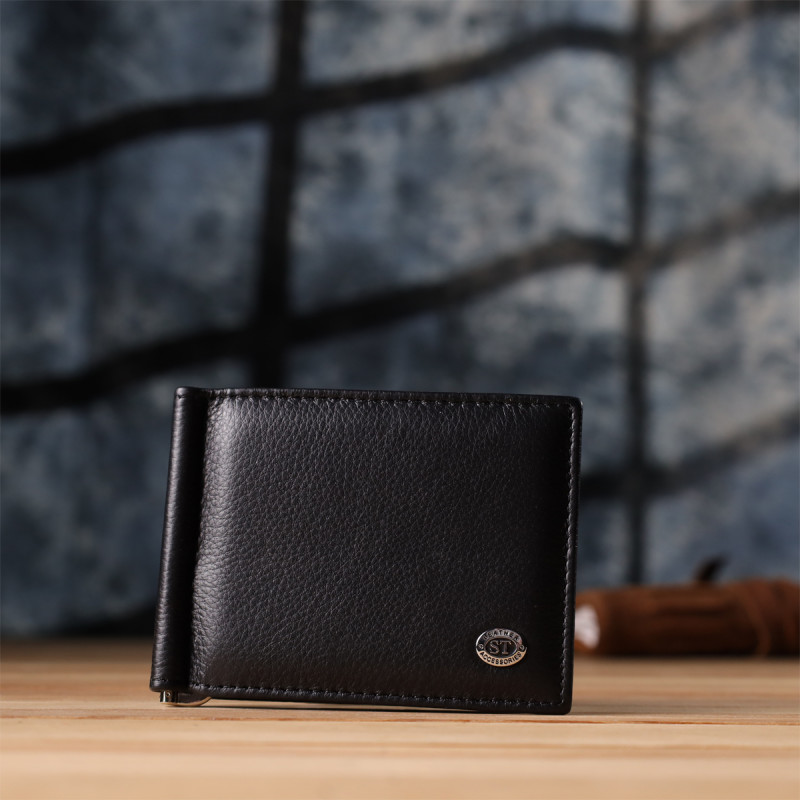 Мужской кошелек с металлическим зажимом из натуральной кожи ST Leather Черный
